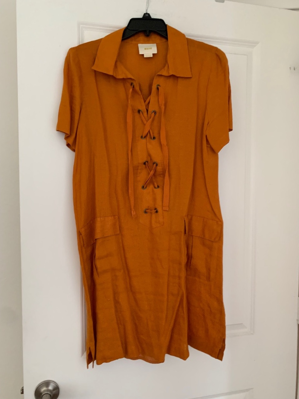 Maeve Pumpkin Spice Lace-Up Shirt Dress | Casual Dress | Collar Patch Pockets